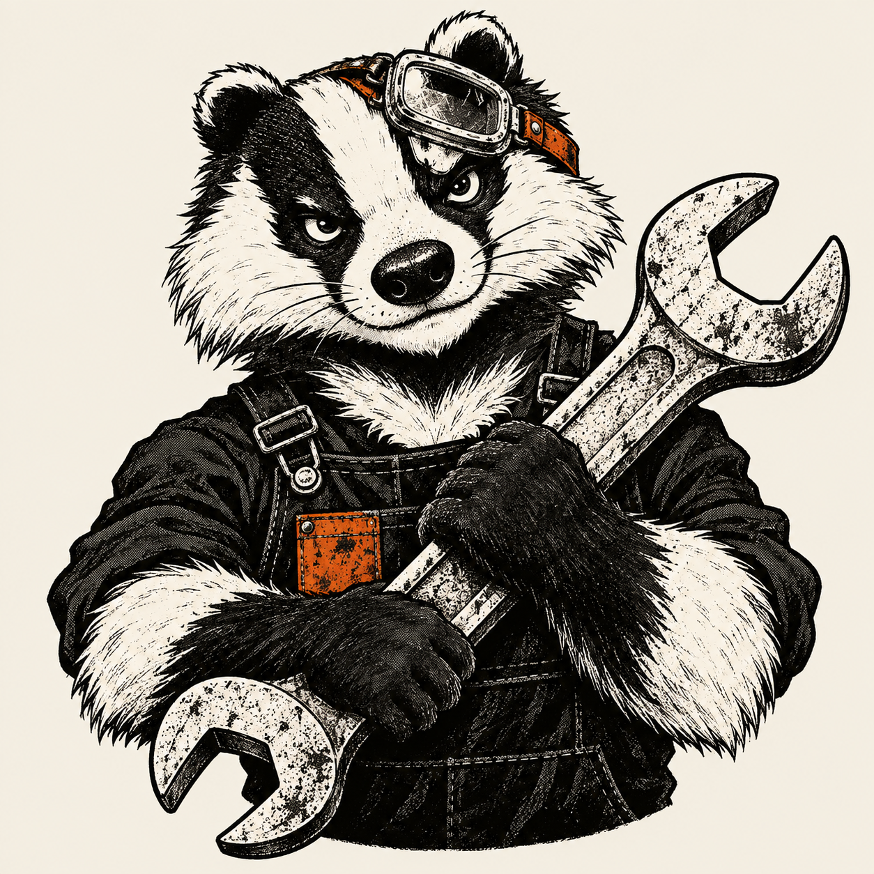 Our badger mechanic, crooked goggles on, oversized wrench ready